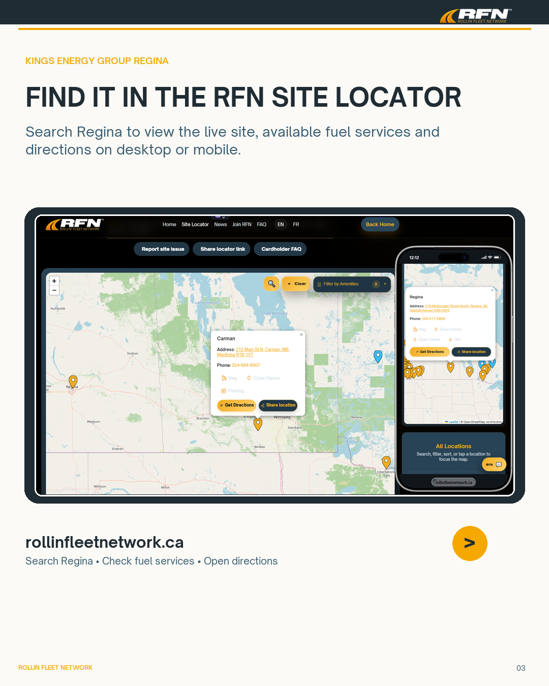 RFN Site Locator showing Kings Energy Group Regina on desktop and mobile